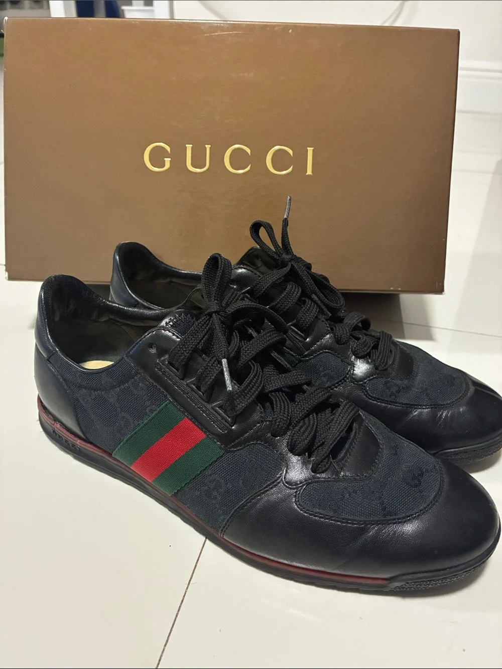 Gucci Mens Black GG Canvas Leather Web Stripe Sneaker Size 9.5G US 10.5 Authenti